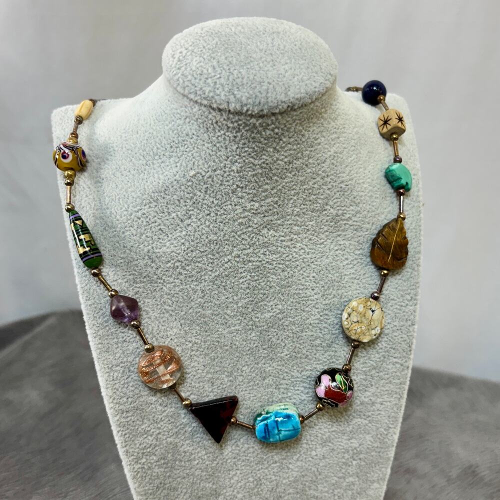 Beaded Necklace Handmade Multi-Color 14" Stones Metal Glass Clay Cloisonne